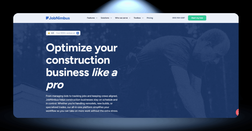 JobNimbus CRM page for construction businesses with headline about optimizing bids, job tracking, and crew management