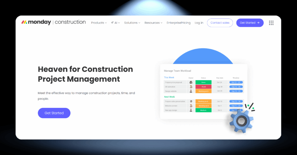 Monday.com construction project management page with a team workload board showing task status, due dates, and timelines