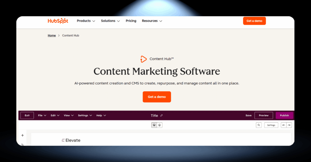 HubSpot Content Hub drag-and-drop website and blog editor with built-in publishing and preview options