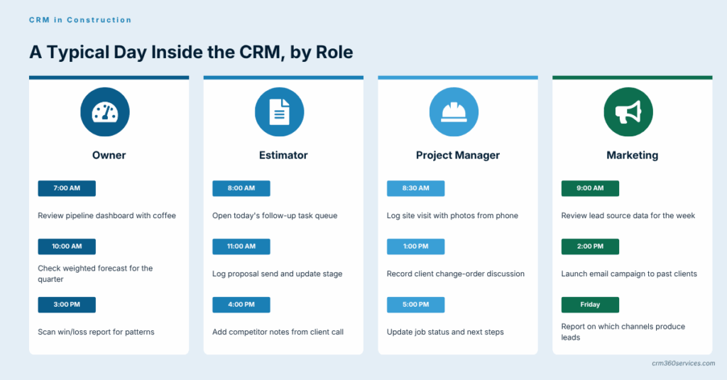 Daily CRM usage breakdown by role showing owner, estimator, project manager, and marketing team schedules