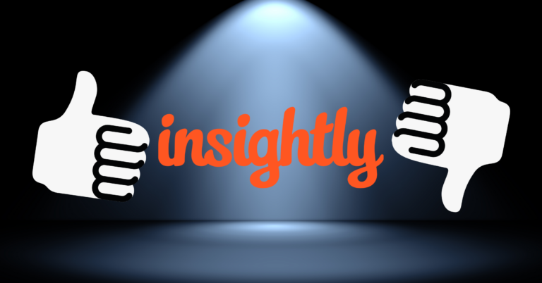 A thumbs up and thumbs down hand icon flank the orange Insightly logo, spotlighted against a black background.